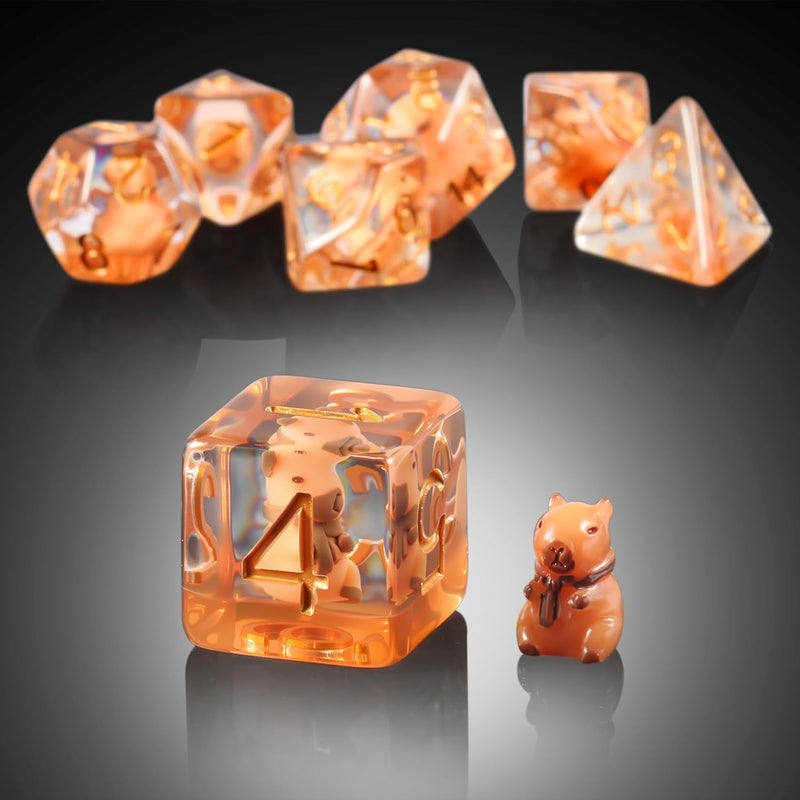 DNDND Capybara DND Dice Set with Cute Animal Inside - 7PCS Hand Made Polyhedral Resin Dice for Dungeons and Dragons RPG Games with Gold Numbers, Unique Collector Dice in Velvet Bag Gift for Gamers - Image 3